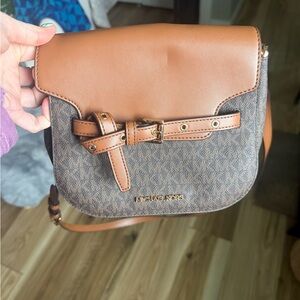 Michael Kors Brown and Tan Logo Crossbody Saddle Bag